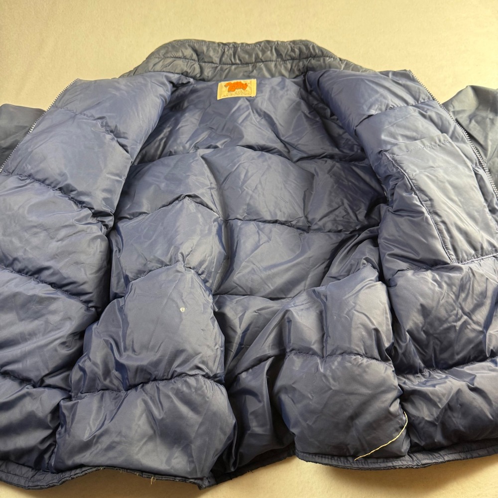 Vintage Comfy Goose Down Puffer Jacket Navy Blue Retro Chevron Distressed XL - Picture 4 of 7